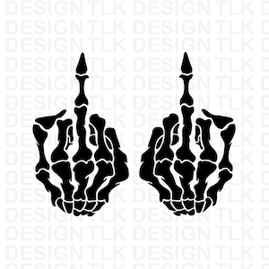 May include: A pair of black skeletal hands making the middle finger gesture. The hands are stylized and detailed, with visible bones and joints.