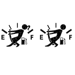 Könnte beinhalten: Eine Schwarzweißillustration einer Tankanzeige mit einer Person, die die Nadel in Richtung der vollen Markierung drückt. Die Anzeige ist mit "E" für leer und "F" für voll beschriftet.