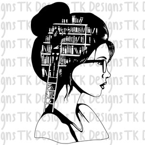 以下が含まれることがあります： 頭の中に本棚がある人の白黒シルエット。その人は眼鏡をかけていて、髪を後ろでまとめたお団子ヘアスタイルをしている。