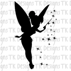 May include: Black silhouette of a fairy with wings, holding a wand and sprinkling pixie dust. The fairy is flying with her legs outstretched and her arms raised.