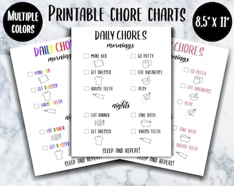 May include: Three printable chore charts for kids, each with a different color theme. The charts are 8.5 inches by 11 inches and feature a daily routine with checkboxes for tasks like making the bed, getting dressed, brushing teeth, eating breakfast, going potty, playing, taking a bath, and eating dinner. The charts also include the phrase "Sleep and Repeat!"