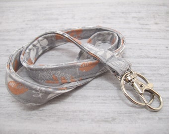 Coral/Gray/White Leaf Fabric Lanyard for Teachers or Students | Back to School Gift | ID Badge Holder | Teacher Gift | Teacher Lanyard
