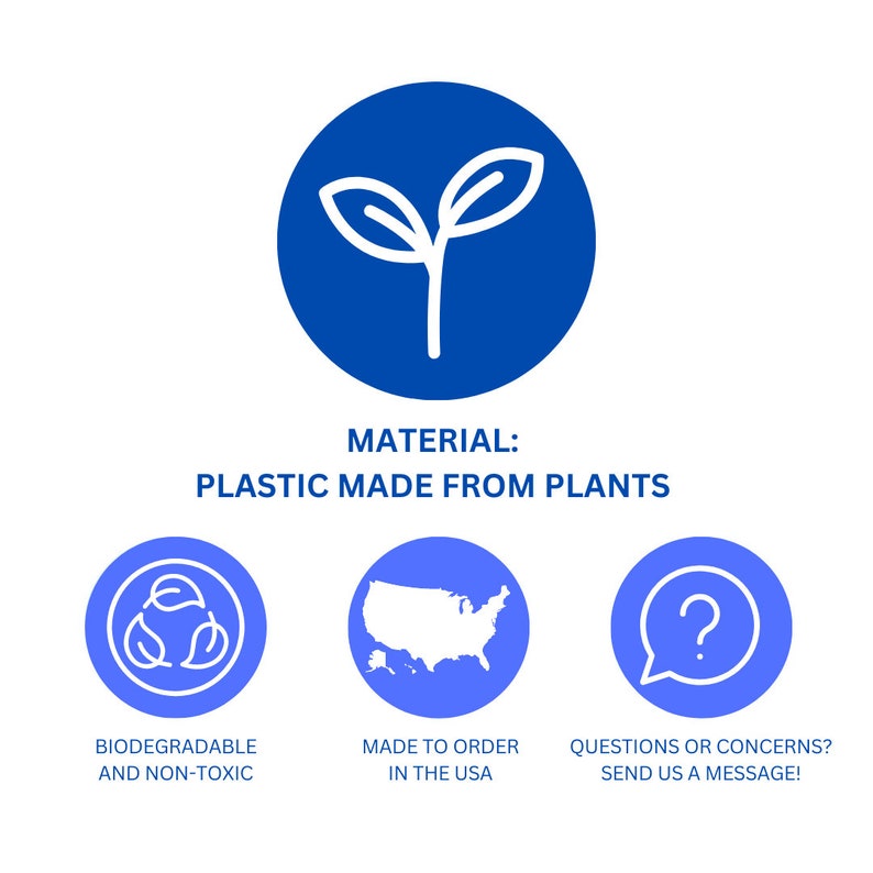 K&ouml;nnte beinhalten: Ein blaues Symbol einer Pflanzensprosse mit dem Text "MATERIAL: PLASTIK AUS PFLANZEN" darunter. Drei blaue Symbole mit wei&szlig;en Umrissen befinden sich unter dem Text. Das linke Symbol zeigt ein Recycling-Symbol mit Bl&auml;ttern darin. Das mittlere Symbol zeigt eine Karte der Vereinigten Staaten. Das rechte Symbol zeigt ein Fragezeichen in einer Sprechblase. Der Text unter dem linken Symbol lautet "BIOLOGISCH ABBAUBAR UND UNGIFTIG". Der Text unter dem mittleren Symbol lautet "AUF BESTELLUNG IN DEN USA HERGESTELLT". Der Text unter dem rechten Symbol lautet "FRAGEN ODER ANLIEGEN? SCHICKEN SIE UNS EINE NACHRICHT!"