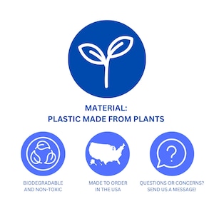 K&ouml;nnte beinhalten: Ein blaues Symbol einer Pflanzensprosse mit dem Text "MATERIAL: PLASTIK AUS PFLANZEN" darunter. Drei blaue Symbole mit wei&szlig;en Umrissen befinden sich unter dem Text. Das linke Symbol zeigt ein Recycling-Symbol mit Bl&auml;ttern darin. Das mittlere Symbol zeigt eine Karte der Vereinigten Staaten. Das rechte Symbol zeigt ein Fragezeichen in einer Sprechblase. Der Text unter dem linken Symbol lautet "BIOLOGISCH ABBAUBAR UND UNGIFTIG". Der Text unter dem mittleren Symbol lautet "AUF BESTELLUNG IN DEN USA HERGESTELLT". Der Text unter dem rechten Symbol lautet "FRAGEN ODER ANLIEGEN? SCHICKEN SIE UNS EINE NACHRICHT!"