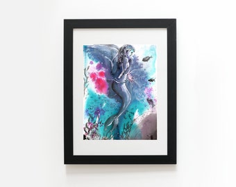 Mermaid print, Mermaid art, Mermaid wall art, Mermaid wall decor, Mermaid, ink art print, fantasy art print, fantasy wall art, Ocean Art