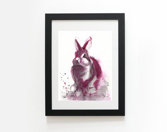 Pink Bunny Art, Bunny print, Ink Art Print, bunny illustration,  bunny art print, bunny watercolor print, creepy bunny, bunny lover gift