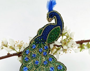Broche de pavo real verde: broche de pájaro con diamantes de imitación, regalo para amantes de las aves