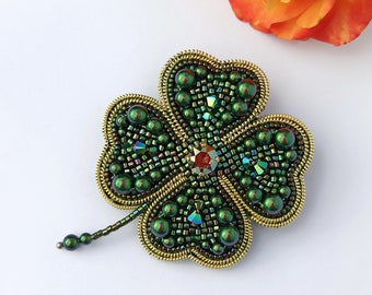 Clover leaf brooch  Lucky clover gifts  Patrick's day brooch  Embroidered beads broooch  Halloween brooch  Green jewelry