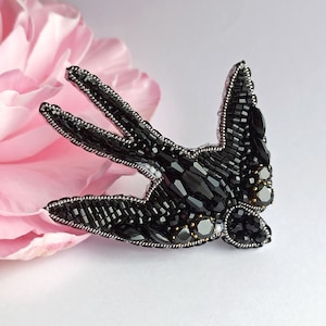Black Beaded Swallow Brooch: Elegant Handmade Bird Jewelry