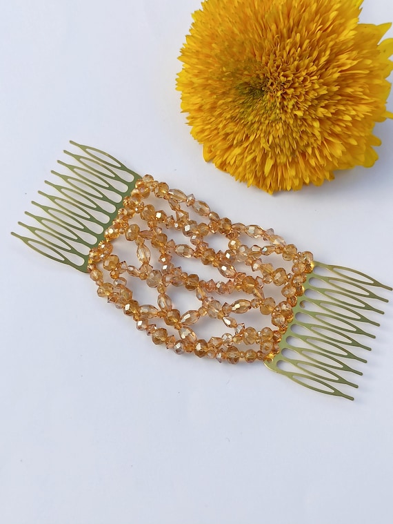 Honey Gold Beaded Comb, Crystal Hair Accessory, Elegant  display picture 3