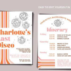 Last Disco Retro Bachelorette Invite and Itinerary // Editable Template