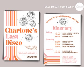Last Disco Retro Bachelorette Invite and Itinerary // Editable Template