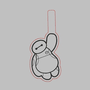 May include: A black and white line drawing of Baymax, the inflatable healthcare companion from the Disney movie Big Hero 6. Baymax is depicted with his signature round body and large eyes, and his arms are raised in a friendly gesture. The drawing is outlined in red.