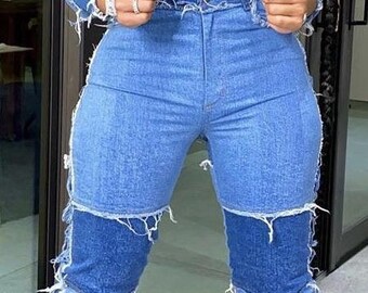 different color patch jeans