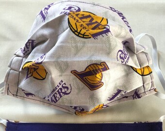 Face Masks, Basketball, Los Angeles Lakers, 100% Cotton, Two Layers, Reusable, Machine Washable, Adult Size, Pleated