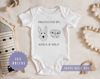 Protected By Dog Onesie® [ORGANIC], Custom Dog Breed Onesie®, Personalized Dog Name Baby Onesie®, Baby Shower, Pregnancy Announcement gift