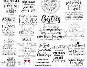 May include: A collection of 18 best friend quotes in black text on a white background. The quotes are framed with floral designs and include phrases like "True friends are like diamonds", "Best friends are the people in your life", and "Our bond is like a fine wine".