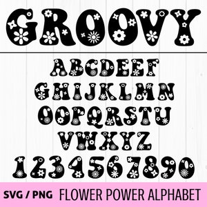 Polices svg groovy, png, alphabet floral svg, alphabet rétro, svg fleurs groovy, polices vintage, svg fleurs rétro