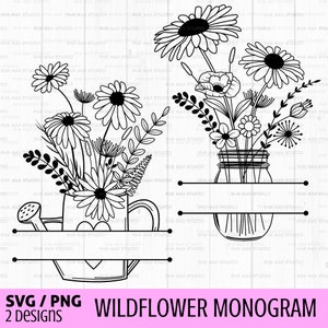 Peut inclure: Deux designs en noir et blanc d'un bouquet de fleurs sauvages. Un design présente un bouquet dans un bocal en verre, l'autre dans un arrosoir. Les deux designs comprennent une bannière horizontale pour un monogramme.
