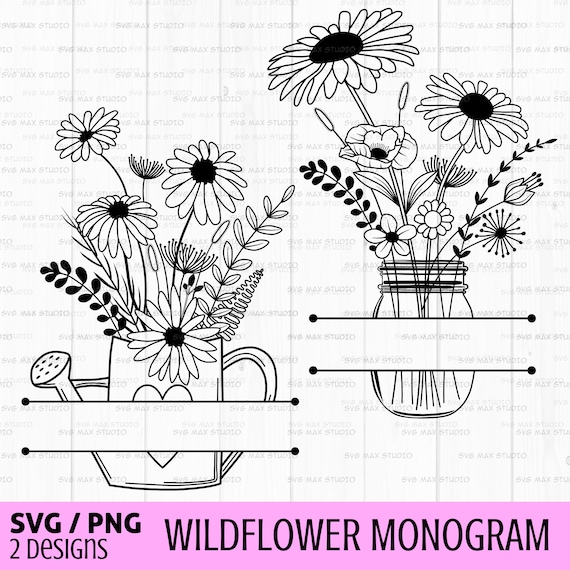 Floral monogram svg, daisy svg, floral frame svg, split monogram svg, flower bouquet svg, mason jar svg, png, wildflower svg