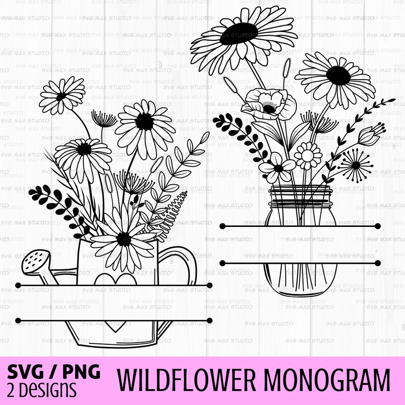 Puede incluir: Dos dise&ntilde;os en blanco y negro de un ramo de flores silvestres. Un dise&ntilde;o presenta un ramo en un frasco de vidrio, el otro en una regadera. Ambos dise&ntilde;os incluyen una pancarta horizontal para un monograma.