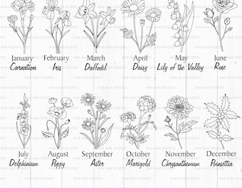 Svg de flores del mes de nacimiento, Svg de flores de cumpleaños, Svg de flores silvestres, Clipart botánico de flores, Svg de plantas de campo, Svg de flores dibujadas a mano