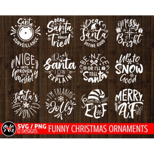 Paquete de adornos navideños divertidos svg, svg de Navidad, svg de feliz Navidad, adorno redondo, svg de dicho navideño, svg de vigilancia de Santa