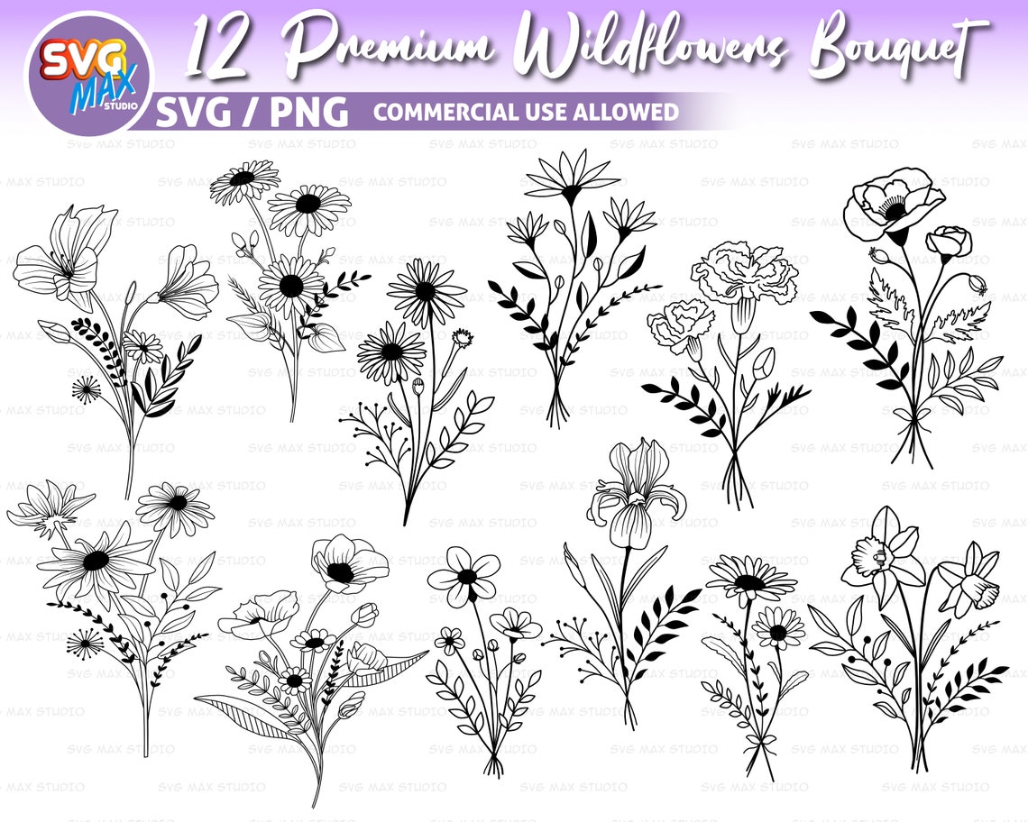 Floral Svg Botanical Clipart Wildflowers Svg Bouquet Svg Bundle Cutting