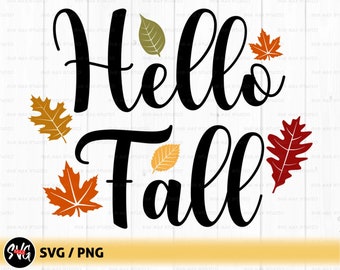 Könnte beinhalten: Ein schwarz-weißes Grafikdesign mit dem Text "Hello Fall" in einer kursivschriftlichen Schriftart. Das Design ist von bunten Herbstblättern in Rot-, Orange-, Gelb- und Brauntönen umgeben.
