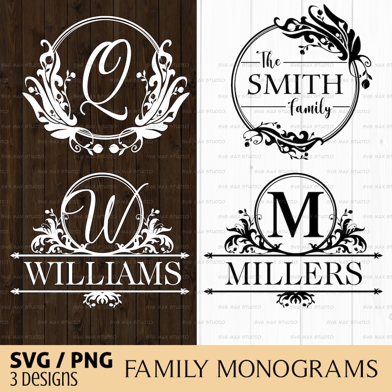 May include: Three black and white family monogram designs with ornate floral accents. The first design features the letter Q, the second design features the letter W, and the third design features the letter M. The text "The Smith family" is included in the first design, "Williams" is included in the second design, and "Millers" is included in the third design.