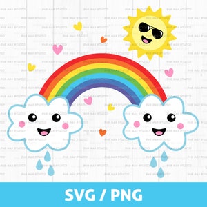 May include: A cartoon illustration of a rainbow with a smiling cloud on each side. The clouds are light blue with white outlines and have black eyes, pink cheeks, and a black smiling mouth. The rainbow is made up of seven colours: red, orange, yellow, green, blue, indigo, and violet. The sun is yellow with a smiling face, sunglasses, and rays of light. There are small pink and yellow hearts scattered around the image.