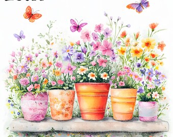 Puede incluir: Una pintura de acuarela de una fila de cinco macetas con flores coloridas. Las macetas están en un estante de madera y hay mariposas volando alrededor de las flores.