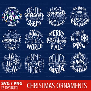 Pacchetto di ornamenti natalizi in formato svg, Natale in formato svg, Buon Natale in formato svg, Disegni di ornamenti rotondi, Detto di Natale in formato svg, Pace sulla Terra in formato svg