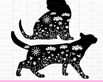 長毛猫 SVG、DXF PNG jpeg、花柄猫マンダラ ゼンタングル svg、猫