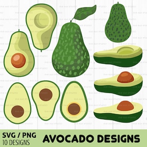 May include: Ten different designs of avocados in various stages of ripeness. The avocados are illustrated in a cartoon style with green, brown, and yellow colors.