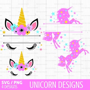 May include: Four digital designs featuring a pink unicorn with a gold horn and a floral crown. The unicorn is shown in different poses, including standing, running, and with its head and eyes isolated. The background is a pink and white pattern with stars.