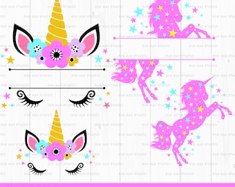 Twarz jednorożca svg, jednorożec svg, png, clipart jednorożca svg, podzielony monogram svg, urodziny jednorożca svg, plik do cięcia dla Cricut Silhouette