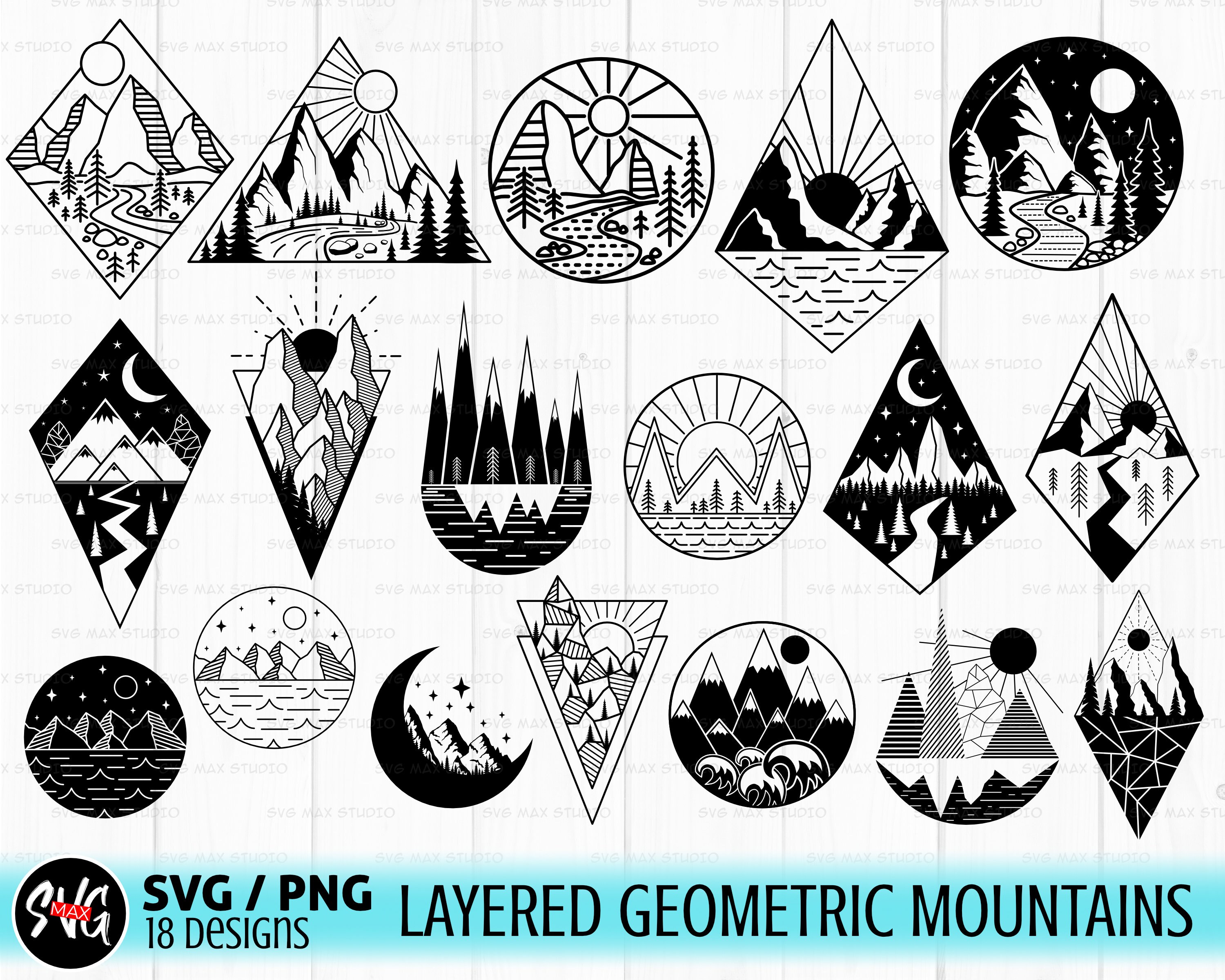 Geometric Mountain Svg Bundle Mountains Svg Mountain Scene Etsy