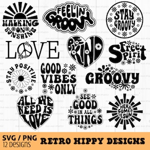 Bundle svg rétro, svg hippie, svg groovy, svg motivation, svg inspirant, svg bonnes vibrations, soyez gentil svg, svg boho