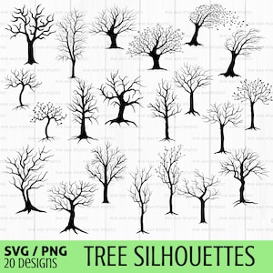 May include: A set of 20 black and white tree silhouettes. The trees are in various styles and sizes, with some having bare branches and others having full foliage.