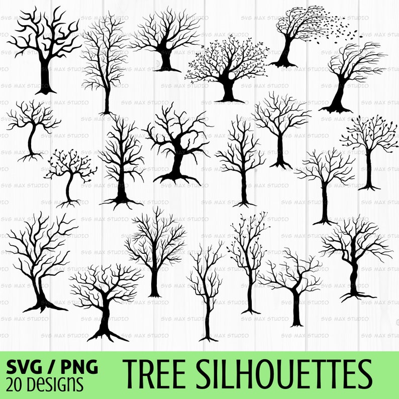 May include: A set of 20 black and white tree silhouettes. The trees are in various styles and sizes, with some having bare branches and others having full foliage.