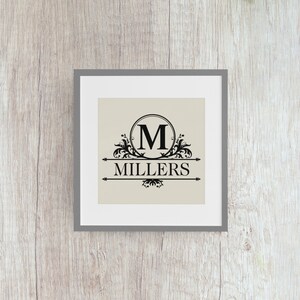 May include: A framed print with a black and white design featuring a decorative circle with the letter "M" inside and the word "MILLERS" below it.