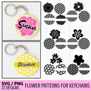 Pode incluir: Dois designs de chaveiro com padrões de flores. O design superior tem uma rosa rosa com o nome "Susan" em um fundo amarelo. O design inferior tem um padrão de margarida amarela com o nome "Elizabeth" em um fundo branco. Ambos os designs incluem um chaveiro prateado.