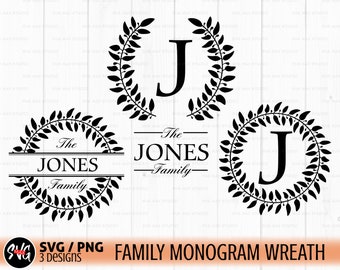 Svg de couronne de monogramme de famille, svg de nom de famille, nom de famille svg, couronne de laurier, couronne de feuilles, svg de couronne de fleurs, svg de couronne de mariage, cadre rond