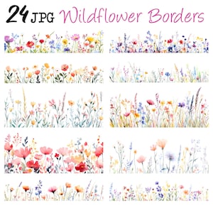 Fleurs sauvages bordure des cliparts, clipart numérique, clipart aquarelle, téléchargement numérique, créations en papier, journaux indésirables, clipart bordures florales