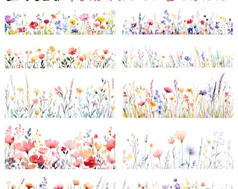 Wildblumen Border Clipart, digitale Clipart, Aquarell Clipart, digitaler Download, Papiermodell, Junk Journals, Floral Borders Clipart