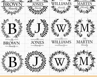 Family monogram wreath svg, family name svg, last name svg, laurel wreath, leaf wreath, floral wreath svg, wedding wreath svg, circle frame