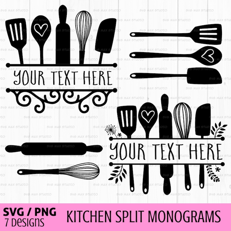 May include: Black and white silhouette design of kitchen utensils, including a rolling pin, whisk, spatula, and wooden spoon. The design includes a shelf with the text "YOUR TEXT HERE" and floral accents.