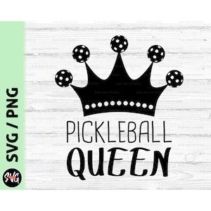 May include: Black and white graphic design of a crown with pickleball paddles on top and the text "Pickleball Queen" underneath.