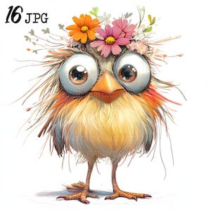 Whimsical Flower Birds Clipart, Cute Funny Birds, Digital Clipart, Watercolor clipart, Digital download, Paper craft, junk journals